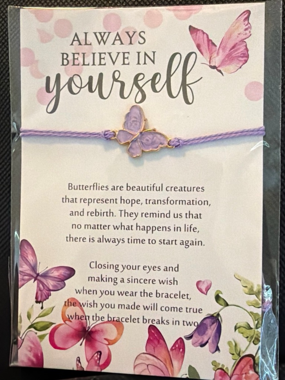 Inspirational Butterfly Wish Cord Bracelet Lavender